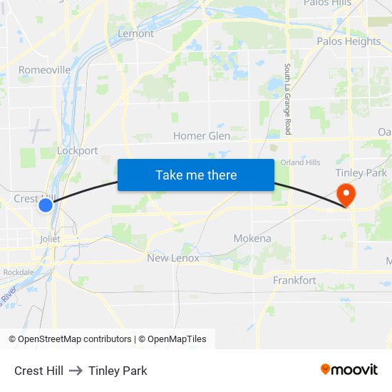 Crest Hill to Tinley Park map