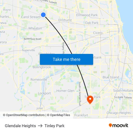 Glendale Heights to Tinley Park map