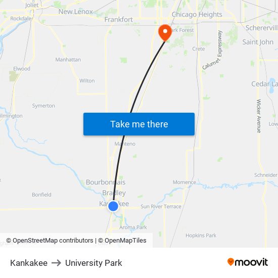 Kankakee to University Park map