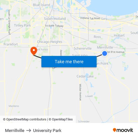 Merrillville to University Park map