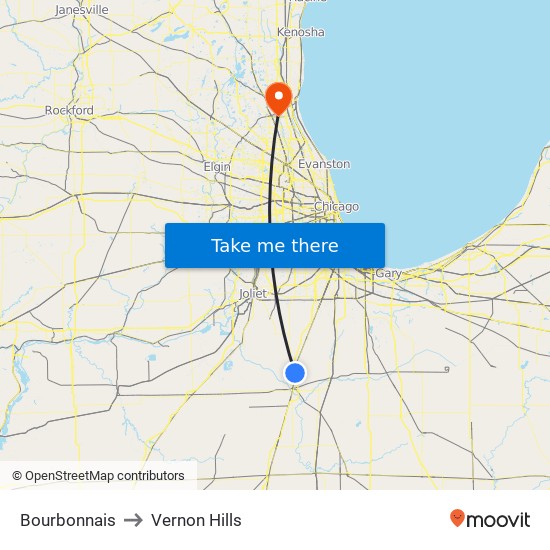 Bourbonnais to Vernon Hills map