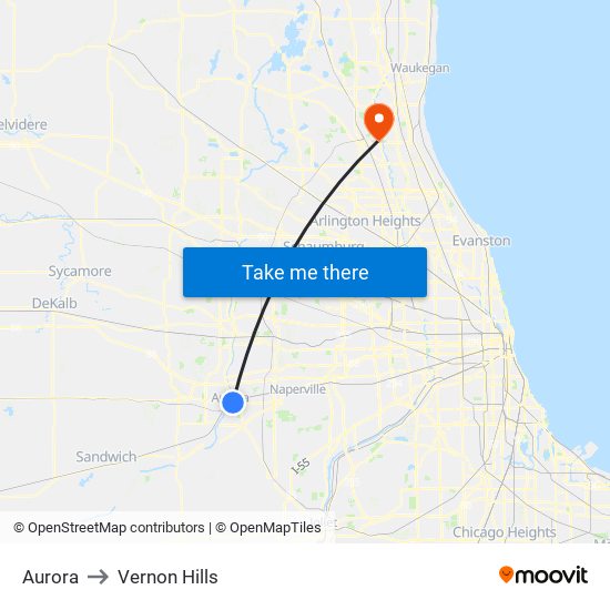 Aurora to Vernon Hills map