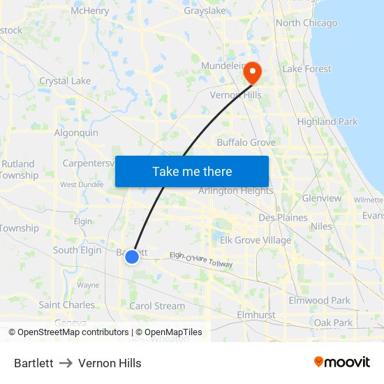 Bartlett to Vernon Hills map