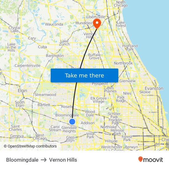 Bloomingdale to Vernon Hills map