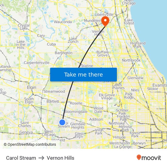 Carol Stream to Vernon Hills map