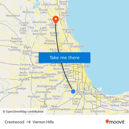 Crestwood to Vernon Hills map