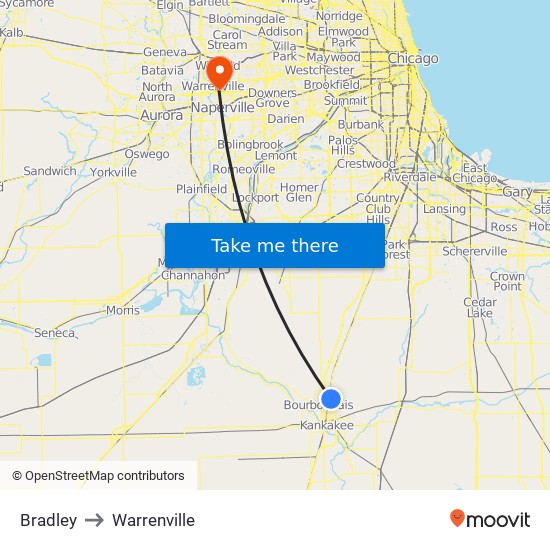Bradley to Warrenville map