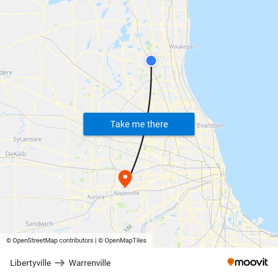Libertyville to Warrenville map