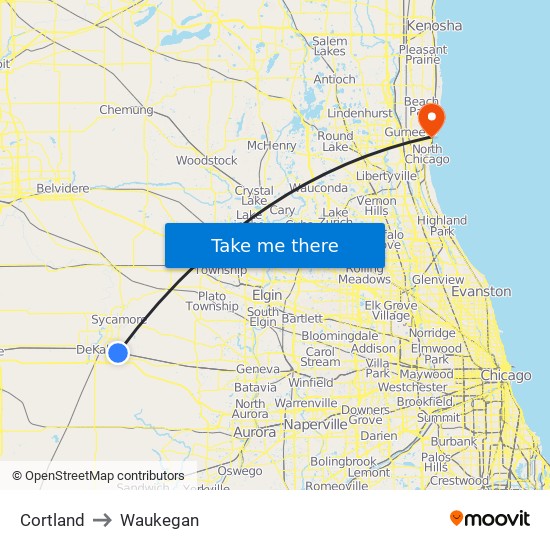 Cortland to Waukegan map
