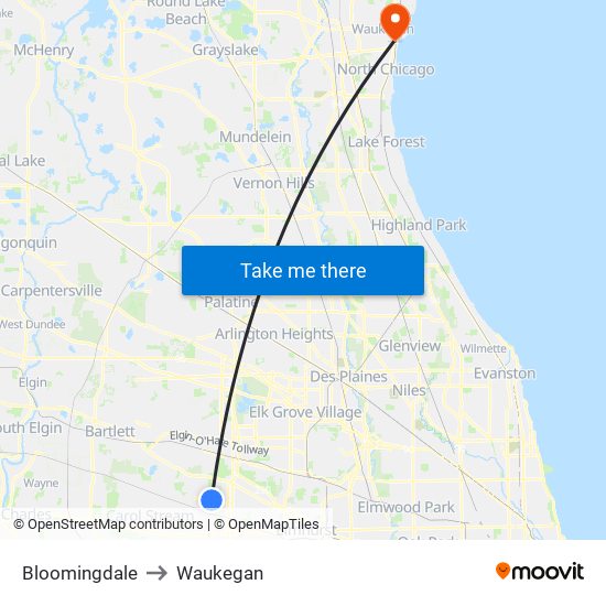 Bloomingdale to Waukegan map