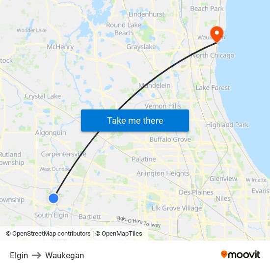 Elgin to Waukegan map