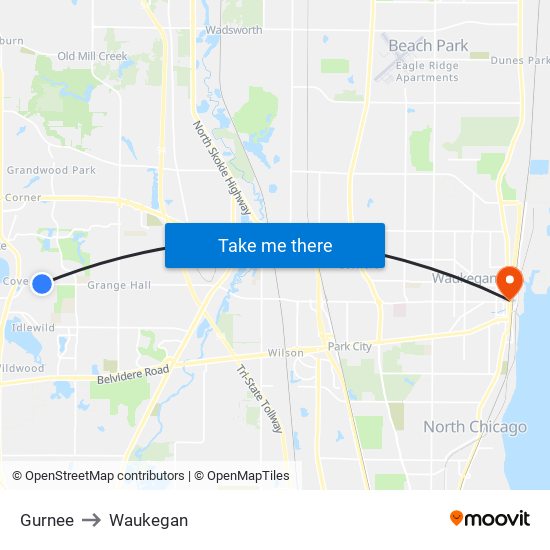 Gurnee to Waukegan map