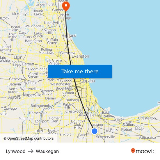 Lynwood to Waukegan map