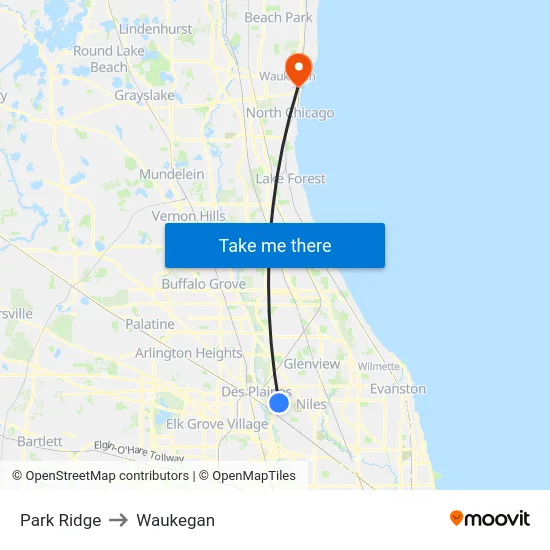 Park Ridge to Waukegan map