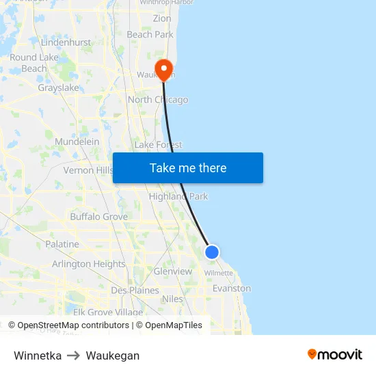 Winnetka to Waukegan map