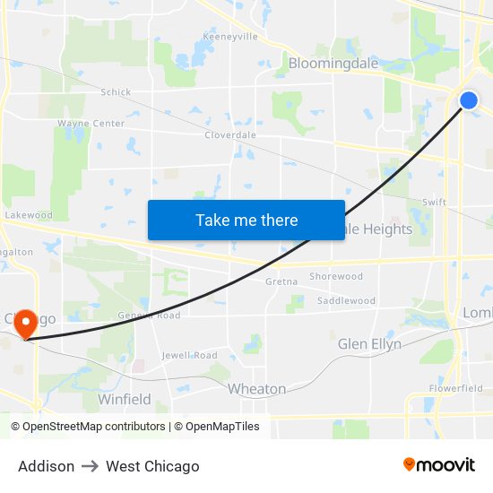 Addison to West Chicago map