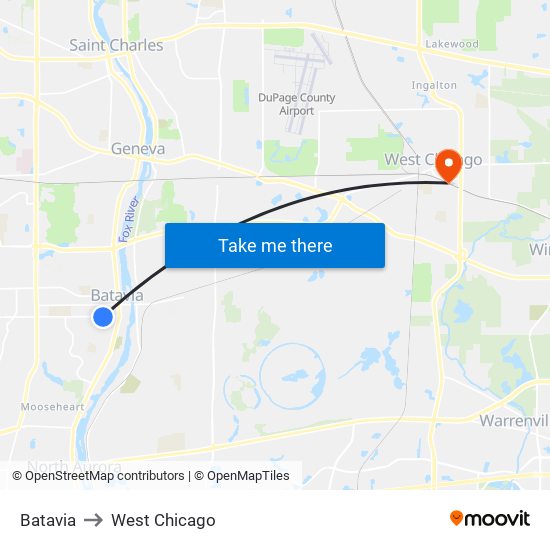 Batavia to West Chicago map