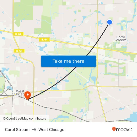 Carol Stream to West Chicago map