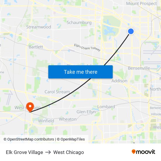 Elk Grove Village to West Chicago map