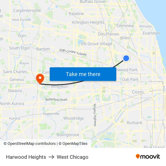 Harwood Heights to West Chicago map