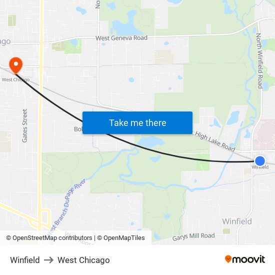 Winfield to West Chicago map