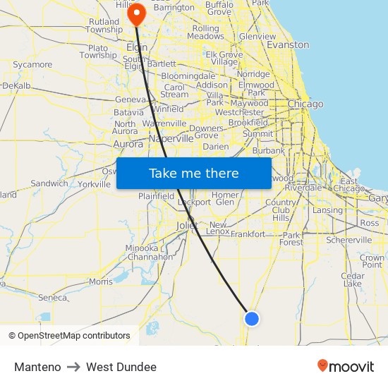 Manteno to West Dundee map