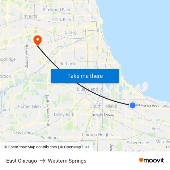 East Chicago to Western Springs map