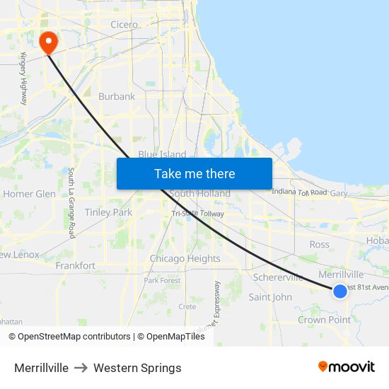 Merrillville to Western Springs map