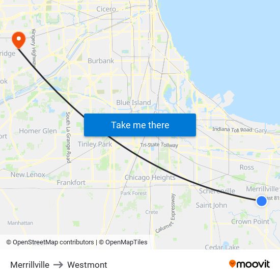 Merrillville to Westmont map