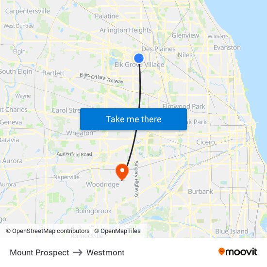 Mount Prospect to Westmont map