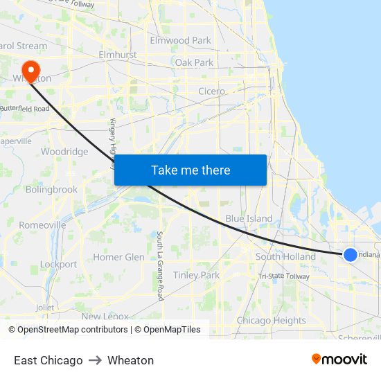 East Chicago to Wheaton map