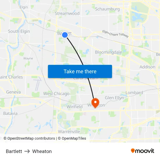 Bartlett to Wheaton map