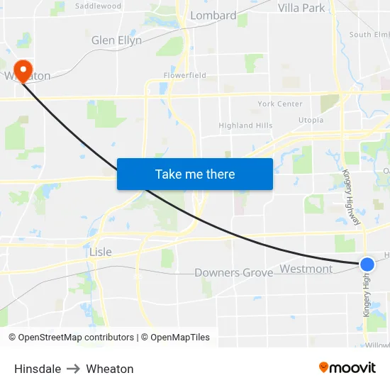 Hinsdale to Wheaton map