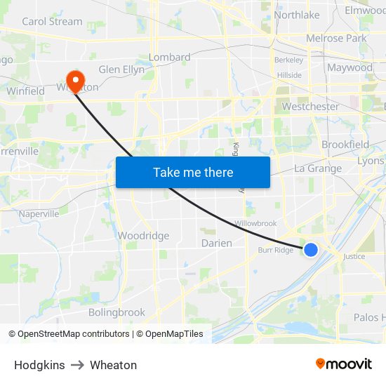Hodgkins to Wheaton map