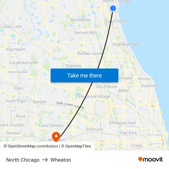 North Chicago to Wheaton map