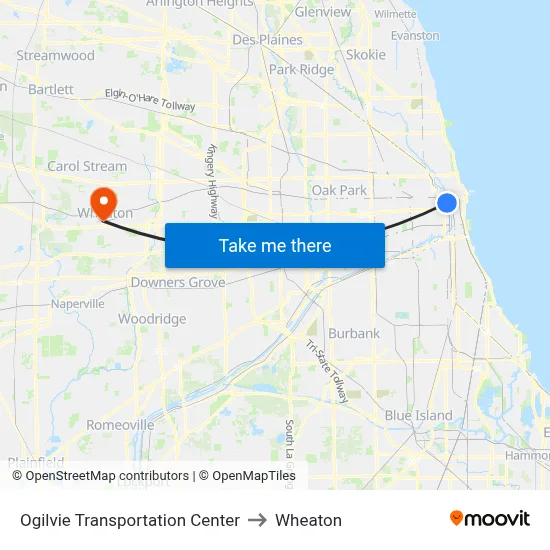 Ogilvie Transportation Center to Wheaton map
