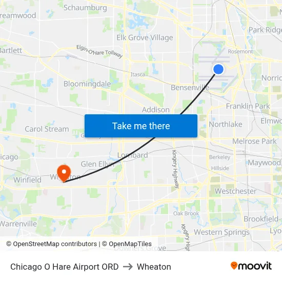 Chicago O Hare Airport ORD to Wheaton map