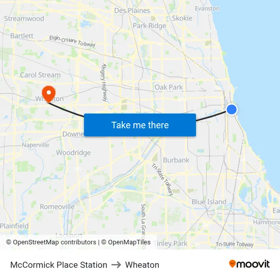 McCormick Place Station to Wheaton map