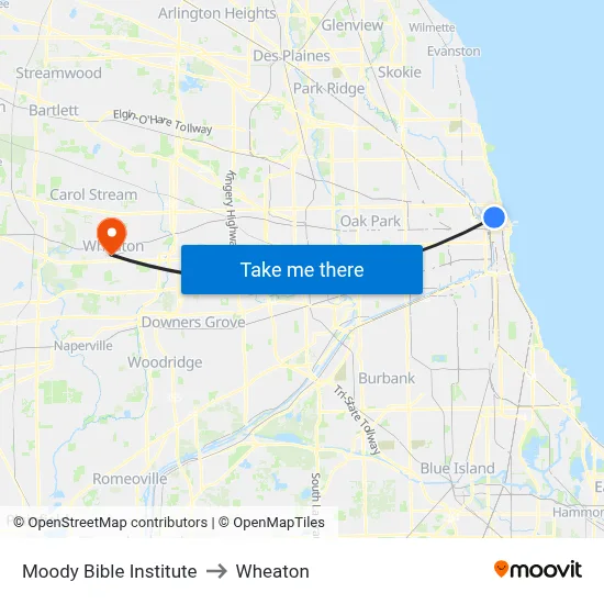 Moody Bible Institute to Wheaton map