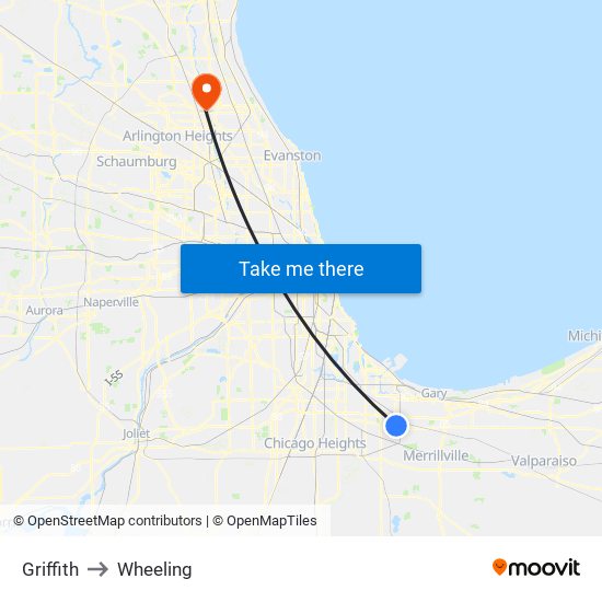 Griffith to Wheeling map