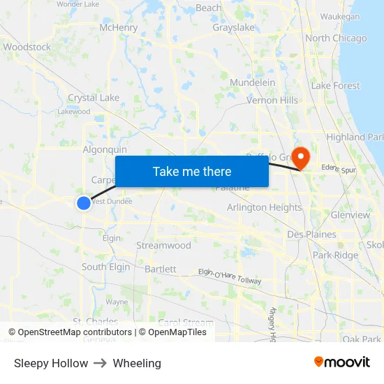 Sleepy Hollow to Wheeling map