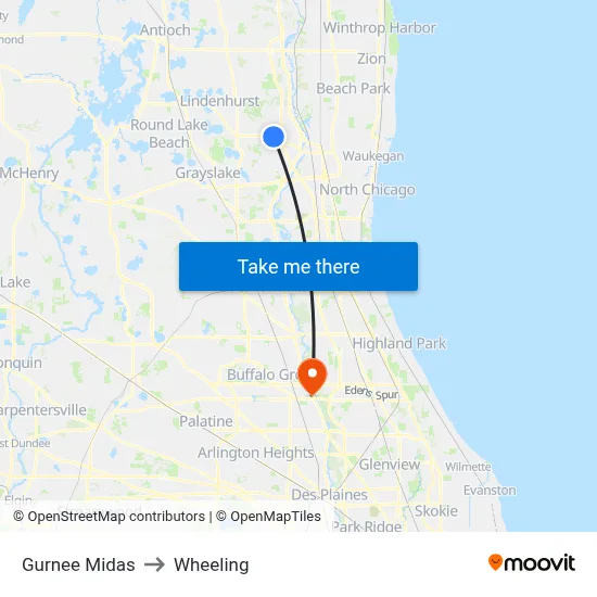 Gurnee Midas to Wheeling map
