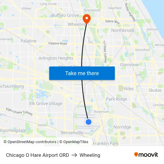 Chicago O Hare Airport ORD to Wheeling map