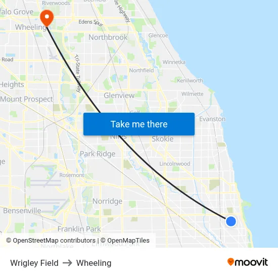 Wrigley Field to Wheeling map