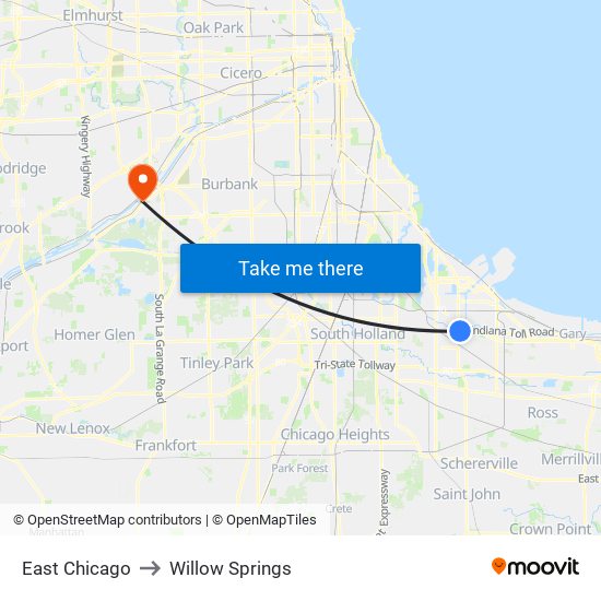 East Chicago to Willow Springs map