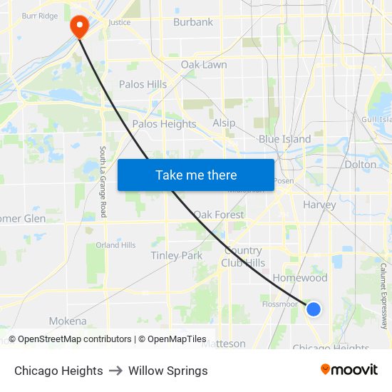 Chicago Heights to Willow Springs map