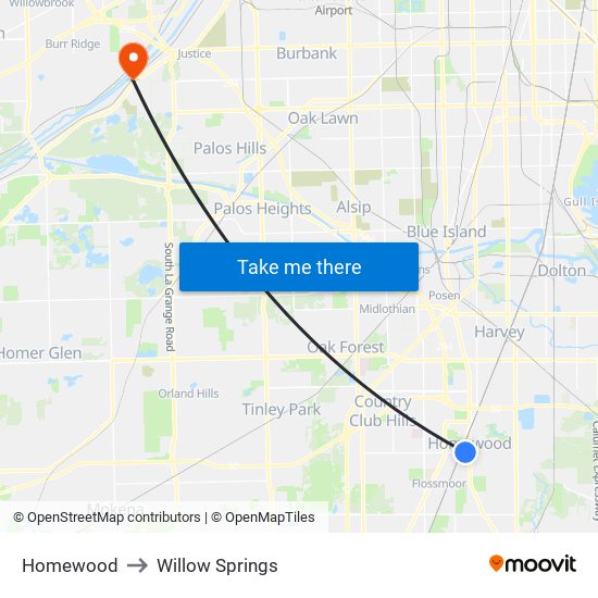 Homewood to Willow Springs map