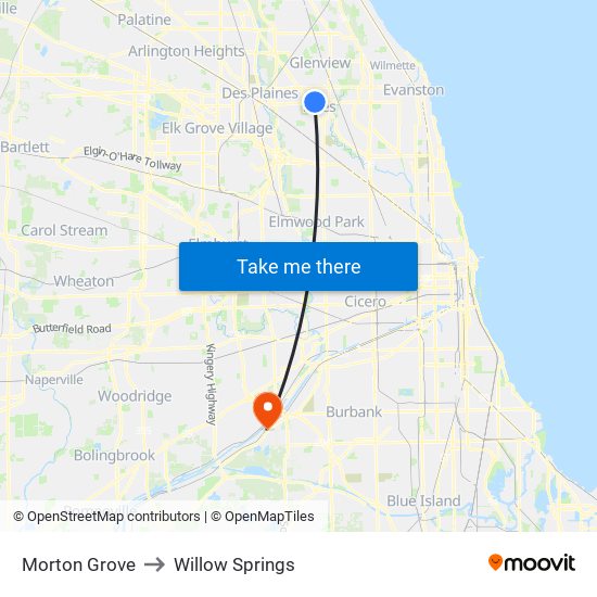 Morton Grove to Willow Springs map