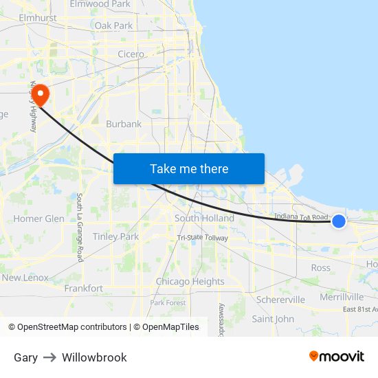 Gary to Willowbrook map