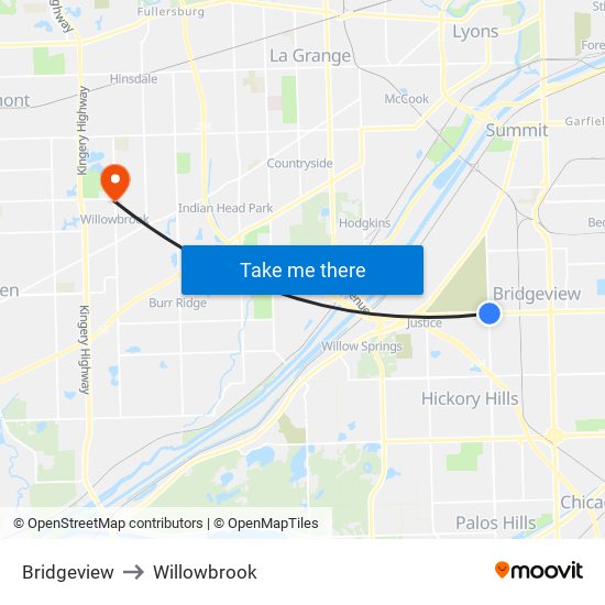 Bridgeview to Willowbrook map